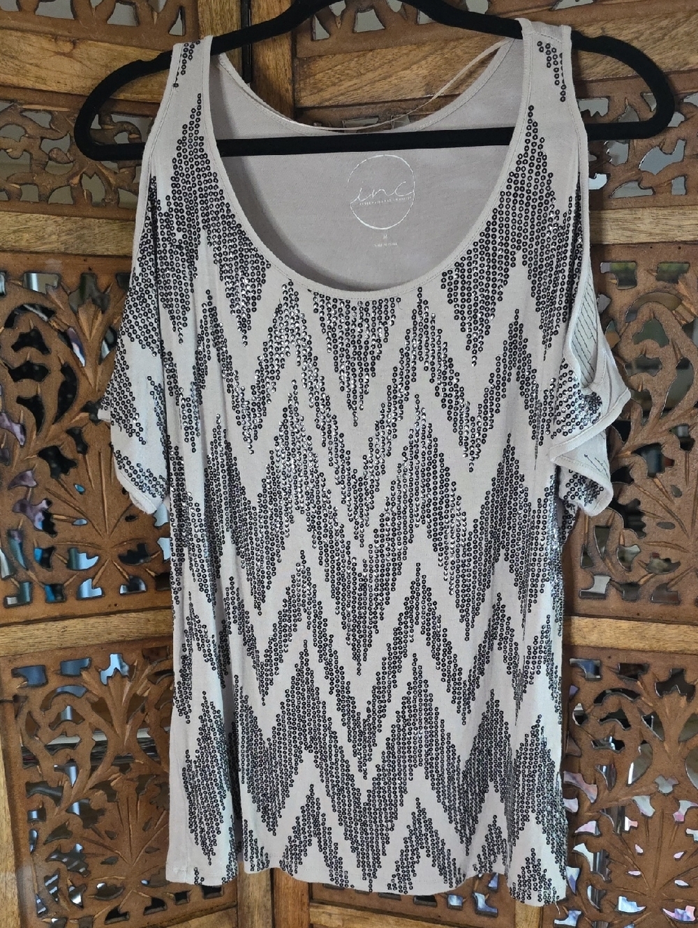 INC International Concepts Cream Sequin Chevron Cold-Shoulder Top